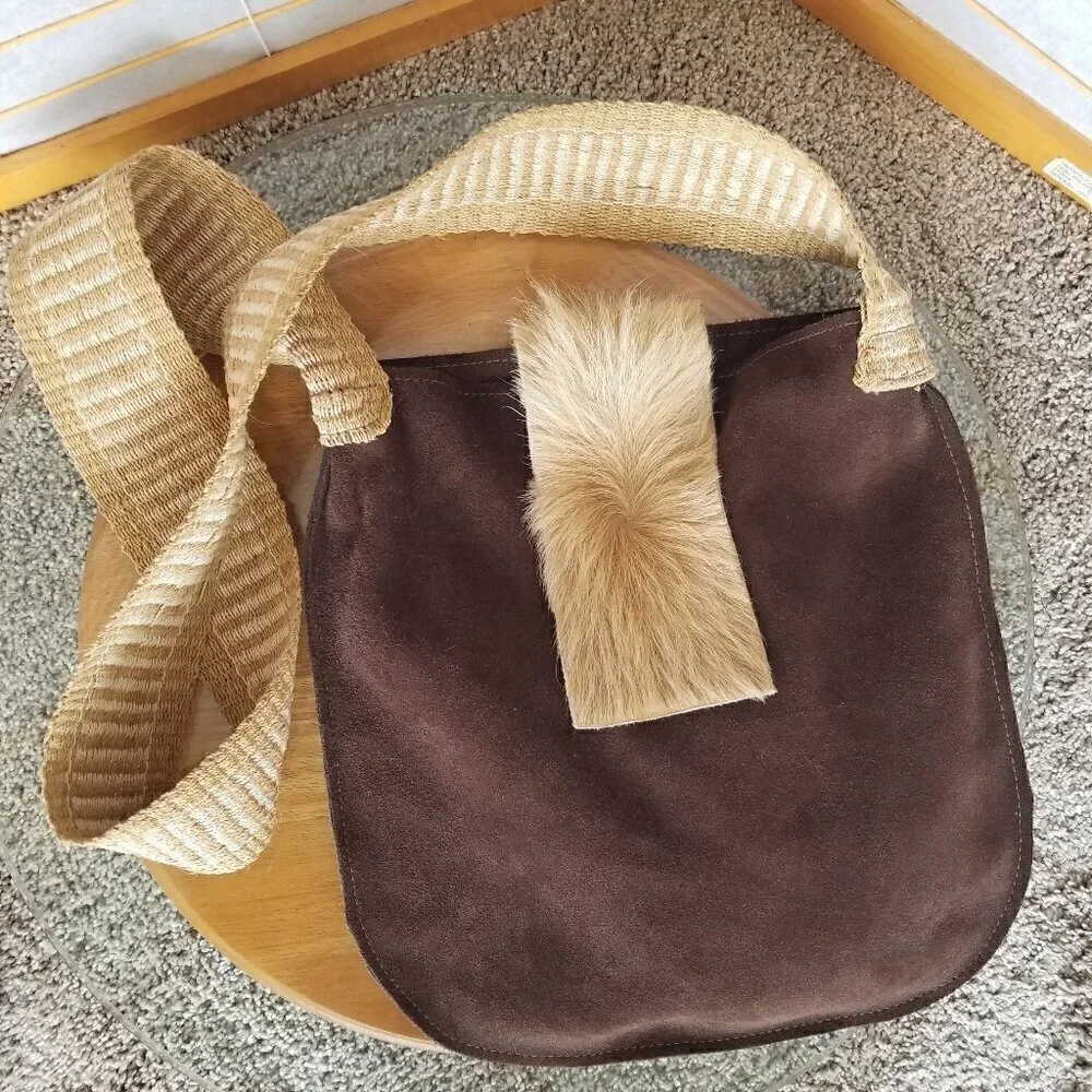 Brown Suede Satchel Bag Fur Flap Sisal Cross Body Strap Boho Slouchy Hobo